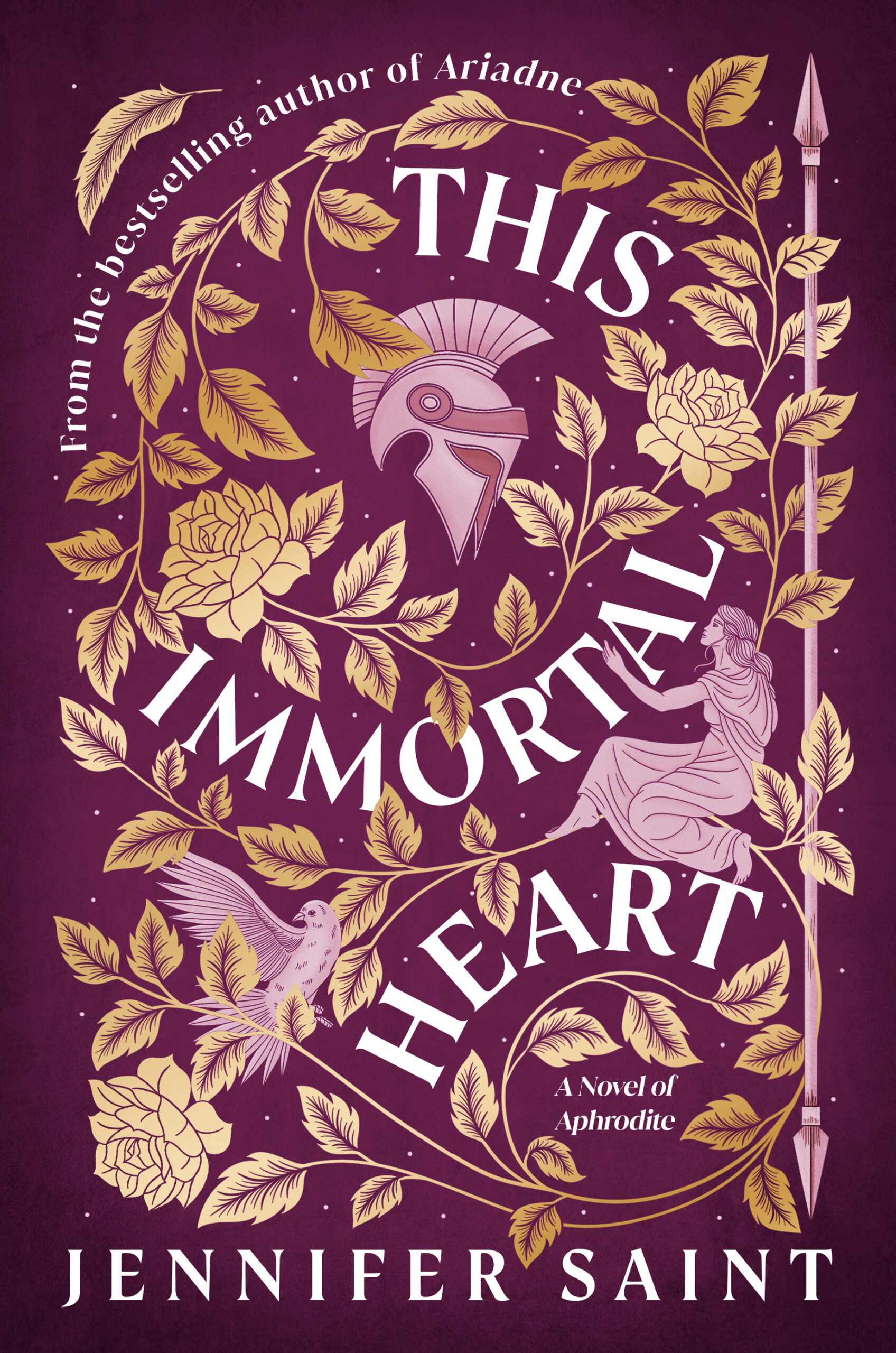 231770983 - Eulalie Magazine ‘This Immortal Heart’ Review: A Romantasy-infused Retelling Cover of a Jennifer Saint novel with a pink Greek helmet among gold vines and roses on a dark magenta background
