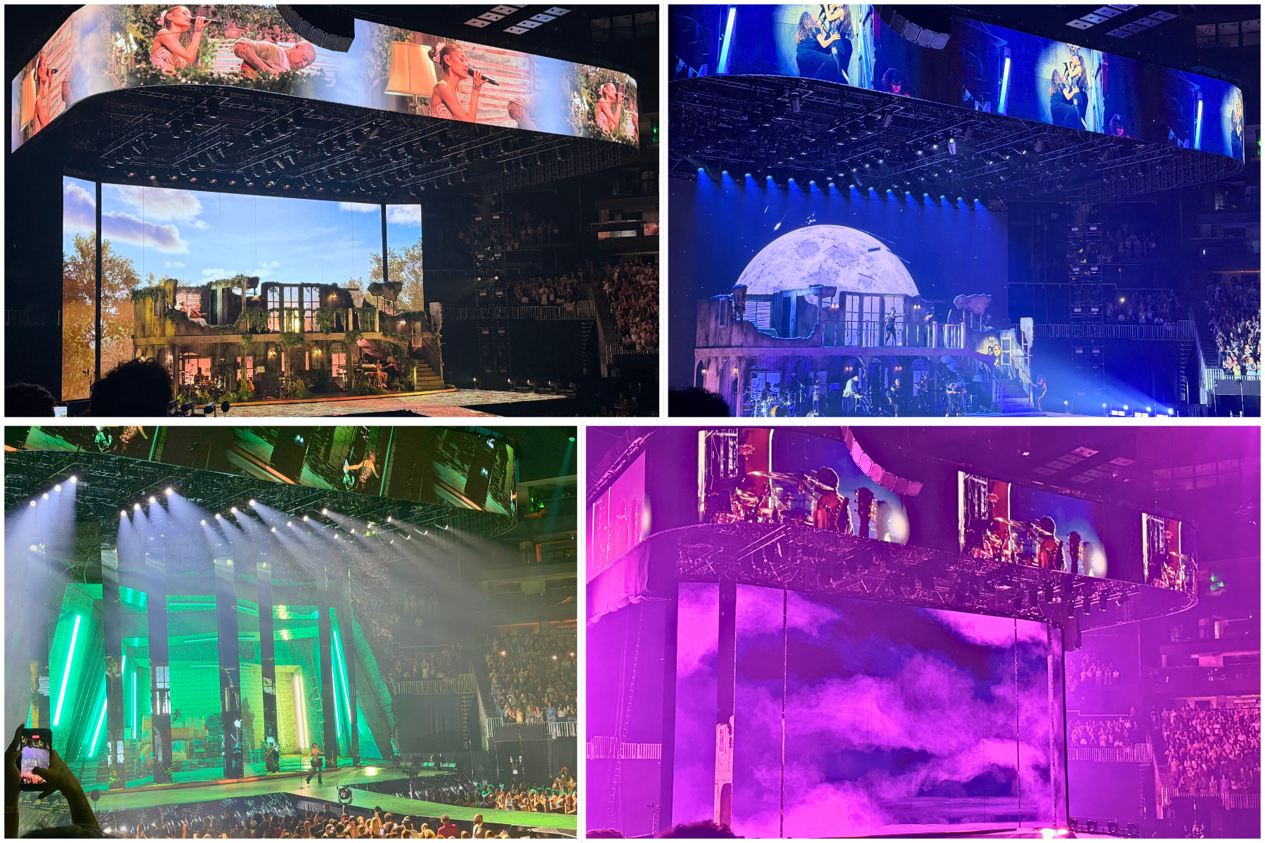 Ariana Grande’s Eternal Sunshine Tour Is Pure Magic Collage of a live concert stage with elaborate set pieces, large video screens, and a cheering audience.