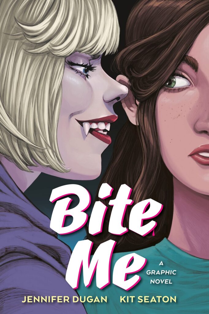 10 New LGBTQIA Books to Read This August: Survival Show, Natural Selection, and more Book cover for "Bite Me" with a woman with vampire teeth smiling at another woman.