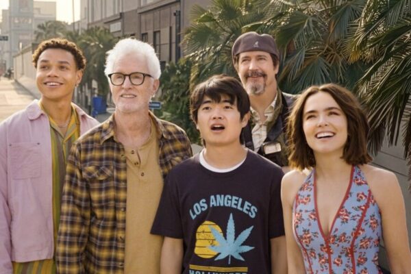 Five friends of varying ages walk along a sunny city sidewalk, smiling and looking up, with palm trees and storefronts in the background.