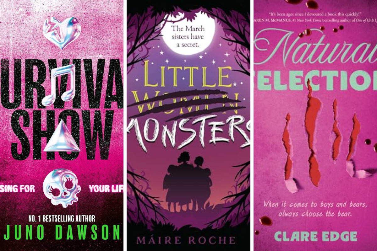 10 New LGBTQIA Books to Read This August: Survival Show, Natural Selection, and more Collage with three different pink book covers.