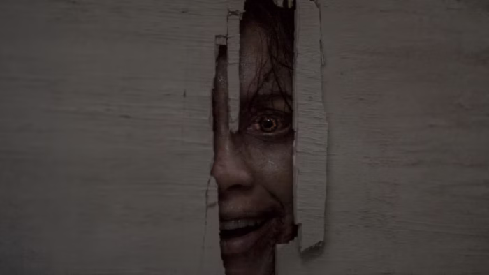Evil Dead Burn: Everything You Need to Know About the Film A dark scene of a person peeking through a narrow crack in a wooden door or wall, showing a single eye and partial smile.