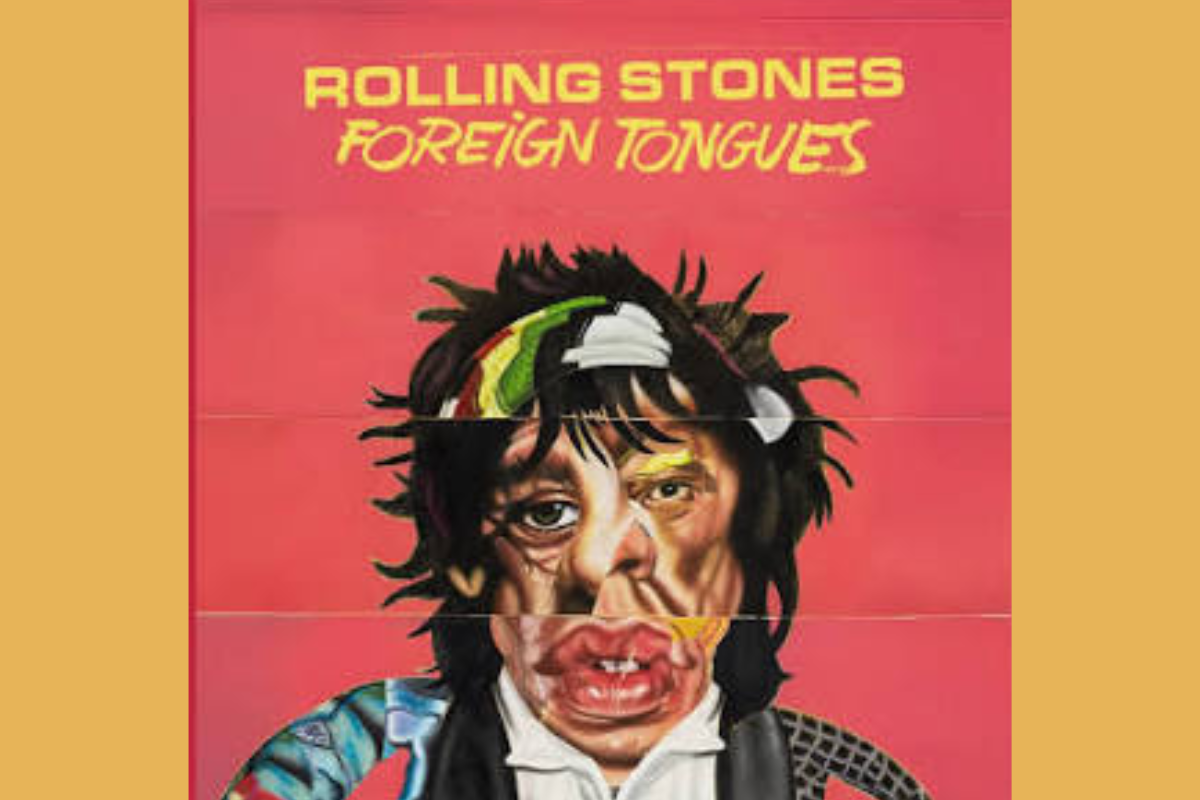 Foreign Tongues Review: Elder Statesmen Have Chops More Than Songs in New Rolling Stones Album Album cover with a fragmented, collage-style portrait on a red background and yellow text reading 'Rolling Stones Foreign Tongues' at the top.