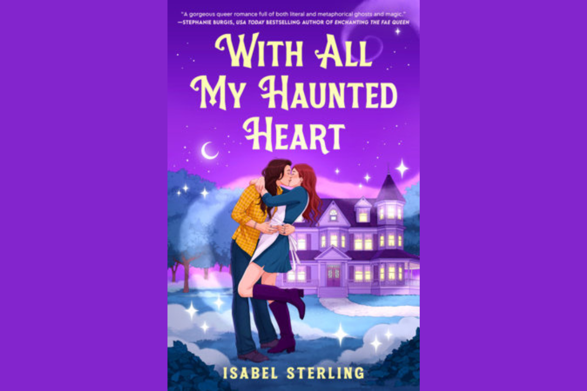 With All My Haunted Heart Review: Predictable and Underwhelming Book cover for 'With All My Haunted Heart' by Isabel Sterling: two women kissing in front of a purple haunted mansion under a night sky, romance tone.