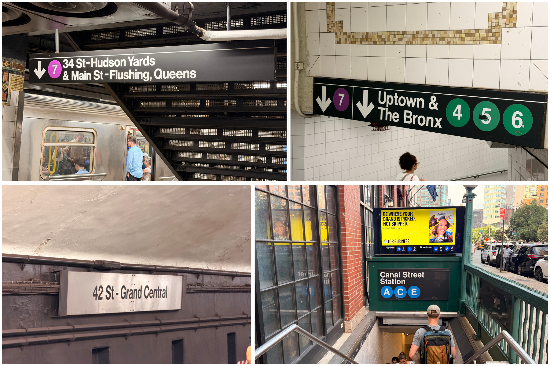 NYC Subway Stops - Eulalie Magazine First Time in New York City? Here’s Everything You Need to Know Before You Go! Collage of New York subway scenes including signs for 34 St-Hudson Yards and Main St-Flushing Queens with a train in station, stairs in the background, and passengers nearby to convey transit context.