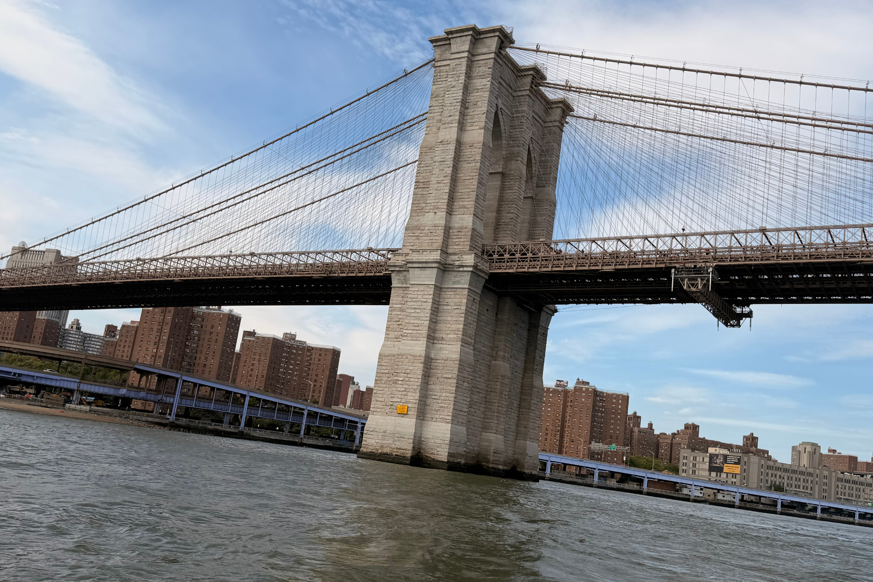Brooklyn Bridge NYC - Eulalie Magazine First Time in New York City? Here’s Everything You Need to Know Before You Go! Brooklyn Bridge with its stone towers and a tangle of suspension cables over the East River, city buildings in the background under a blue sky.