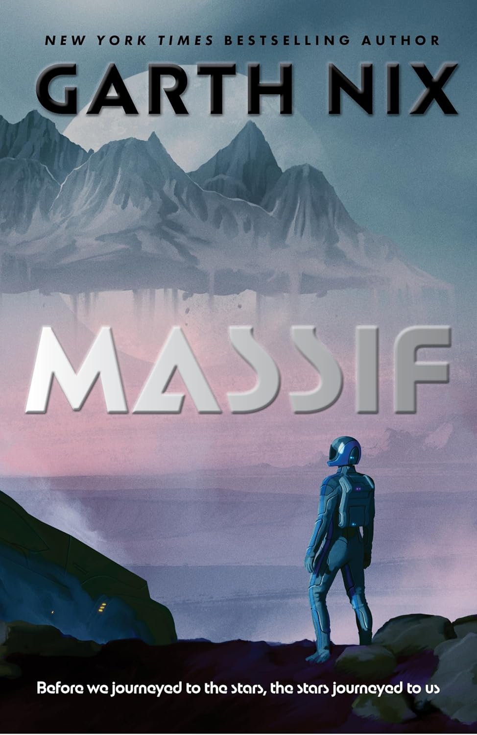 Massif Review: Garth Nix’s Sentient Mountains Never Quite Reach Escape Velocity Cover of Massif by Garth Nix, showing a mountain range floating above a hazy planet with a large moon in the sky, a figure in a sleek blue spacesuit standing on rocky ground looking out at the scene.