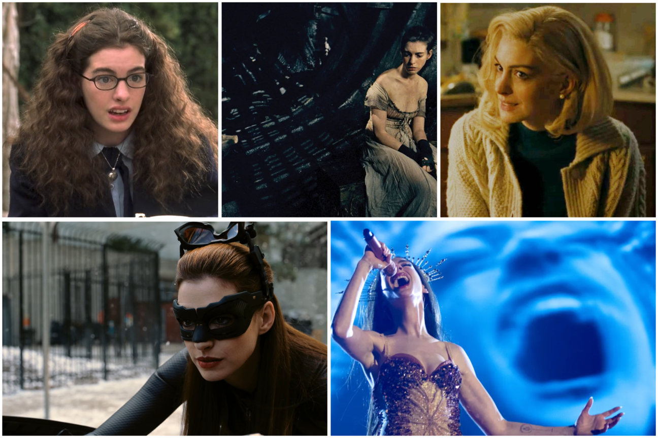 Top 10 Anne Hathaway Performances Anne Hathaway film collage - (l-r, clockwise) The Princess Diaries, Les Misérables, Eileen, The Dark Knight Rises, and Mother Mary