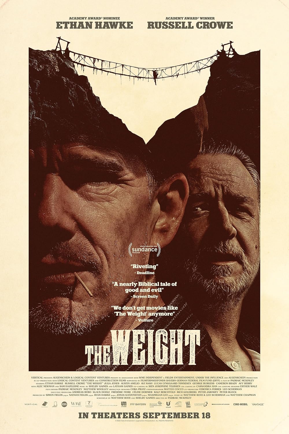 The Weight Review: A Hefty Premise Undercut by Formula Theatrical poster for "The Weight," showing the profiles of Ethan Hawke and Russell Crowe facing the viewer, with a rope bridge spanning a canyon between them above.