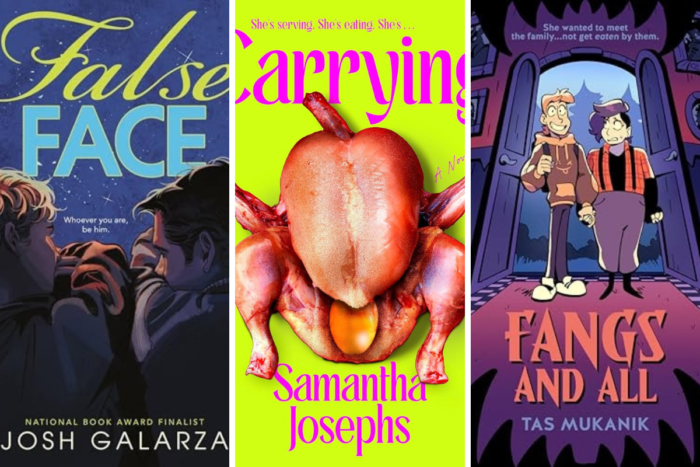 7 New LGBTQIA Books to Read This October: Carrying, Fangs and All, and more Collage with book covers for three different books.